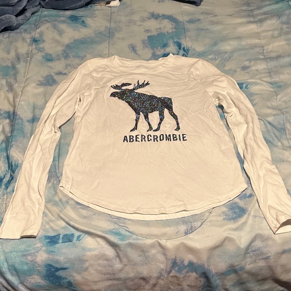 Abercrombie Kids White Long Sleeve Tee with Glitter Moose
